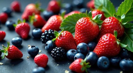 Obraz premium A vibrant collection of ripe strawberries, blueberries, and blackberries, showcasing the natural sweetness and beauty of summer's bounty.
