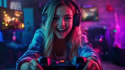 girl gamer in headphones and with a joystick enthusiastically playing on the console