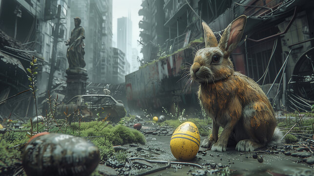 A post-apocalyptic Easter where survivors celebrate in a ruined city, painting eggs among overgrown buildings and crumbling statues, blending resilience with hope in a desolate world. - Powered by Adobe