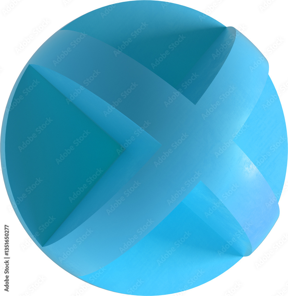 Poster blue abstract sphere with intersecting grooves forming x pattern. clean geometric form ideal for dig
