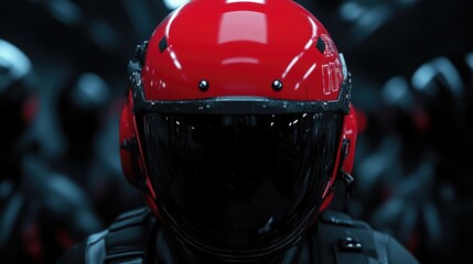 Fototapeta premium Close-up of a futuristic soldier's helmet. Dark, military-style uniform. Red helmet with dark visor. Focus on helmet, not background