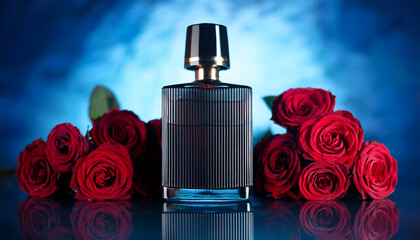 black glass perfume bottle surrounded by red roses on blurred gothic blue background
