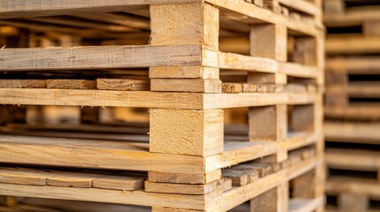 Stacked wooden pallets in a warehouse setting.