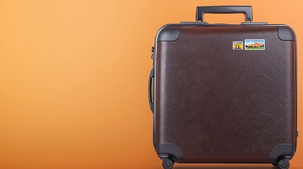 Brown suitcase with two small landscape stickers, against an orange background.  Ready for travel adventures