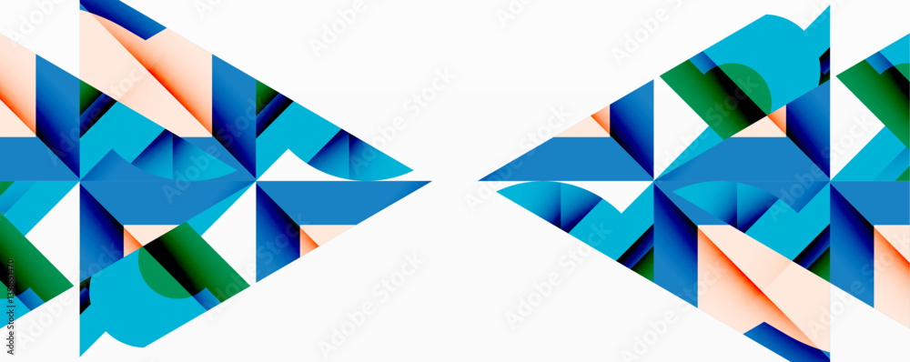 Poster Abstract geometric composition with interlocking circular and angular shapes, featuring smooth gradients and sharp contrasts on a white background