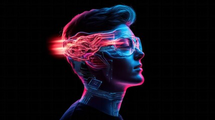 Neon illuminated profile of a person with digital enhancements