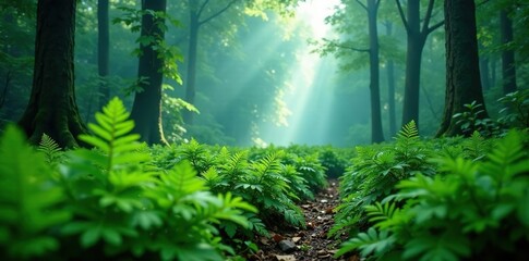 Greenery of a fern forest in a misty environment, nature, woodland