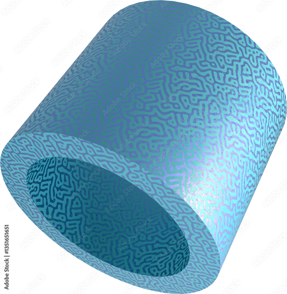 Poster abstract blue cylinder with intricate textured pattern. glossy surface and maze-like design perfect 