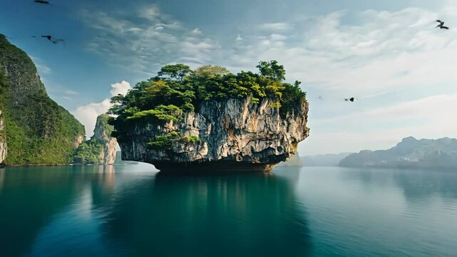 Serene Halong Bay Vietnam landscape with Limestone Karsts, Birds and Tranquil Water