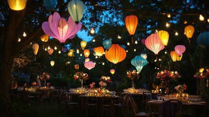 Illuminated outdoor garden party at twilight