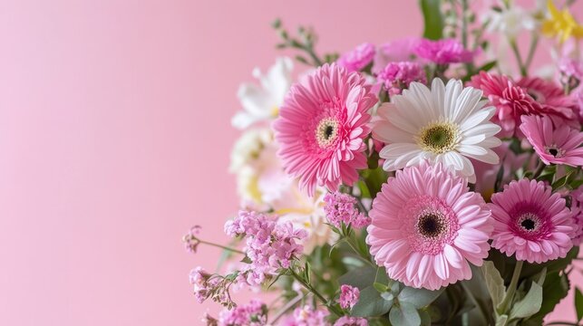 Get Well Soon card in flower bouquet on pink background