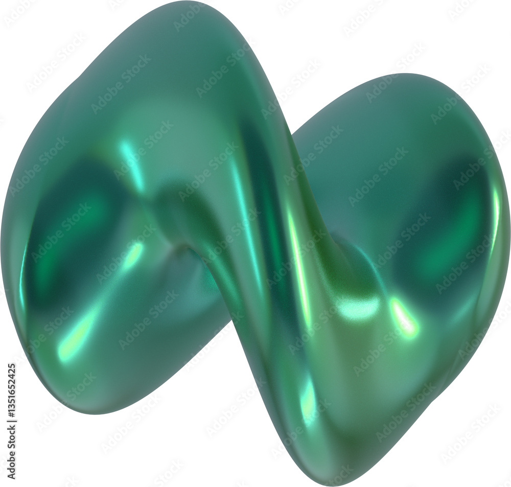 Poster fluid twisting abstract green metallic sculpture with smooth flowing curves and reflective polished 