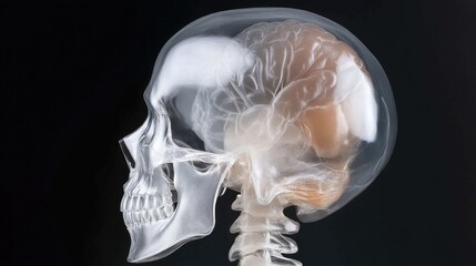 3D anatomical view of skull and brain.  Detailed view of transparent skull, brain, and skeletal structure