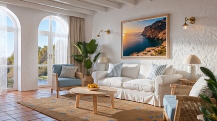 Generative AI, Mediterranean Coastal Living Room Interior Design
