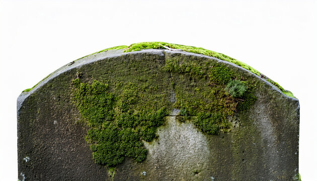 old gravestone with cracked surface and green moss white isolated background