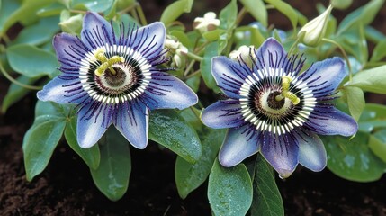 Two vibrant passionflower blossoms in a garden setting