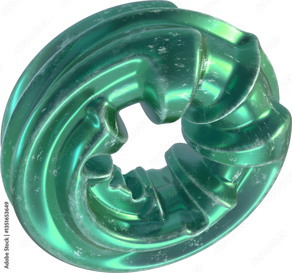 Poster intricately textured glassy torus object appearing weathered yet radiant reflecting emerald hues and