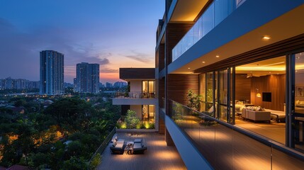 Evening view of modern penthouse balcony overlooking city