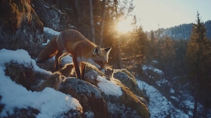 Fox Exploring Rocky Terrain Covered in Snow at Sunset in a Serene Winter Forest