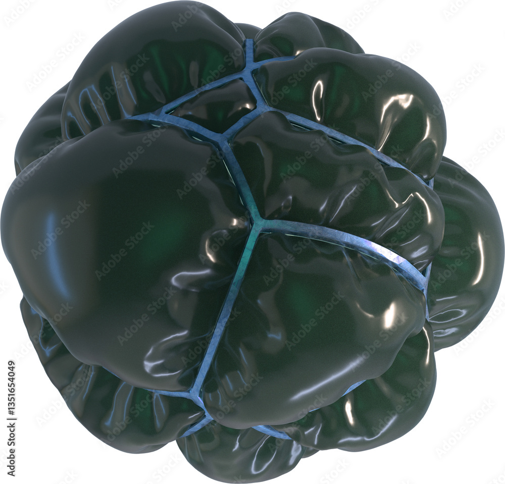 Poster glossy balloon-like object segmented with vivid blue luminous seams forming a futuristic organic sph