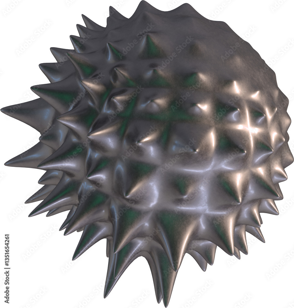 Poster dark silver metallic abstract sphere covered with sharp spiked protrusions detailed reflective textu