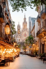 Naklejka premium Evening street scene, church in background, market stalls and lights