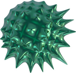 Reflective spiked green object with metallic surface and pronounced sharp protrusions evoking futuristic energy molecular structure and visually intense three-dimensional abstract geometric complexity