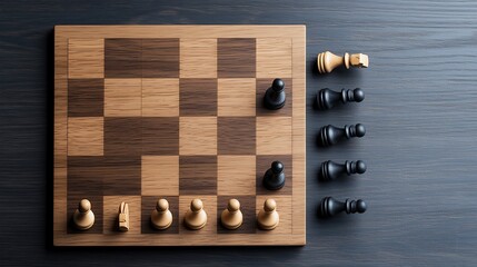 Chessboard showing strategic game setup;  light pieces versus dark.  A tense moment captured