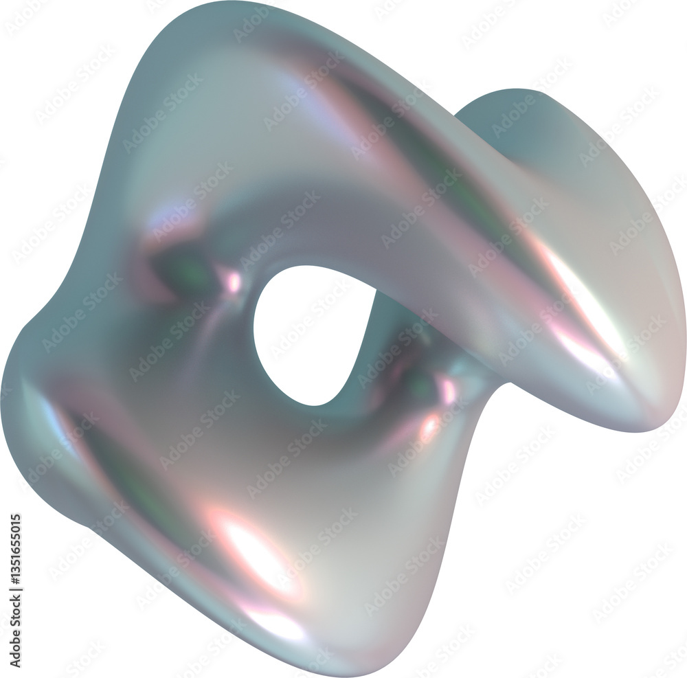 Poster smooth metallic abstract form twisted glossy iridescent blue pink intertwined soft curves reflective