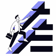Career Growth Steps- Man climbing arrow steps symbolizing career development and business success.