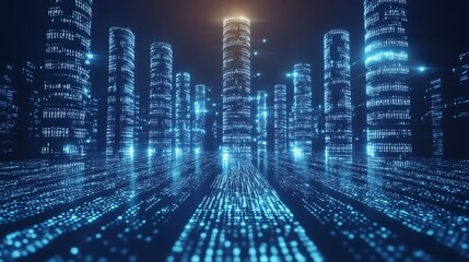 Futuristic Cityscape Depicts Digital Data Flow and Technological Advancements