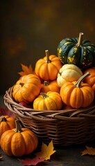 Overflowing basket, autumnal gourds, various sizes & colors, cozy, decorative, arrangement