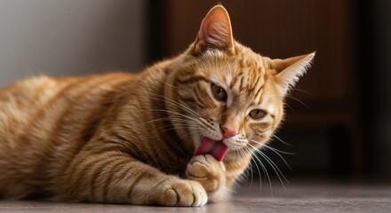 Ginger cat is licking its paw on a brown floor