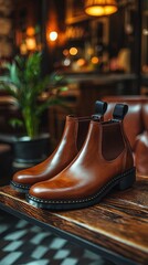Elegant Brown Leather Chelsea Boots on Rustic Wood