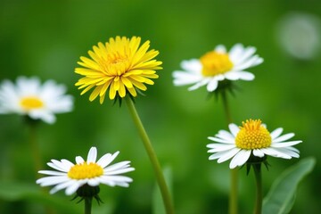 Obraz premium Lone vibrant yellow dandelion amidst white daisies, unique, highlight, showy