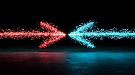Clashing energy arrows, red and blue, reflecting on dark surface