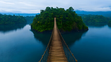 Bamboo Suspension Bridge Extending Over Ocean to a Remote Island Escape