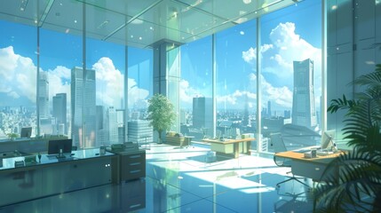 Modern office interior, cityscape view, sunny day, spacious