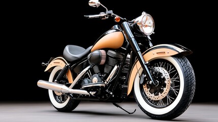Classic cruiser motorcycle, tan and black,  whitewall tires,  chrome accents, dark background