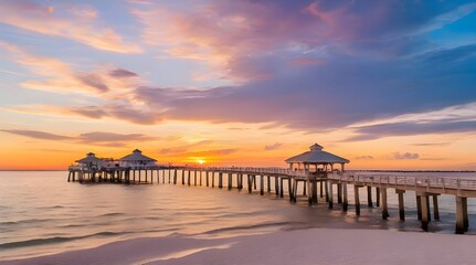 Fototapeta premium Fort Myers Pier at Sunset Florida USA.generative.ai