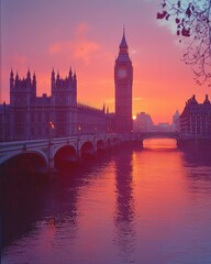 Naklejka premium London's Iconic Clock Tower at Sunset: A Breathtaking View of Big Ben and the Houses of Parliament