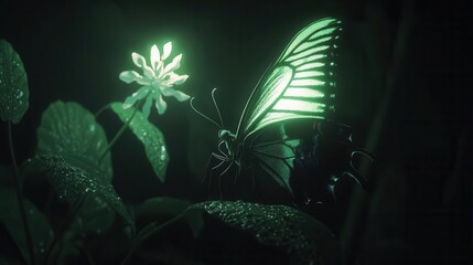 Glowing Butterfly on a Dewy Flower Petal in a Mystical Night Garden with Ethereal Light