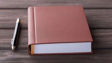 Closed brown leather-bound book rests on dark wood surface next to a pen