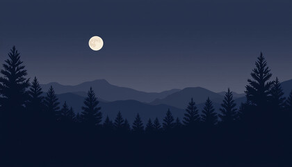 Silhouetted conifers under full moon at dusk, tranquil nature scene