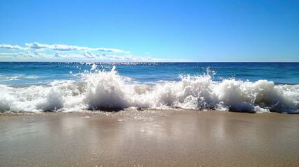 Fototapeta premium Waves crashing on a sandy beach with a clear blue sky overhead