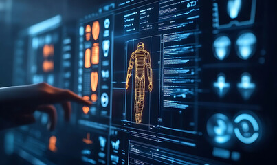 Futuristic AI powered healthcare system displaying real time patient data medical analytics and treatment recommendations on a sleek digital interface 