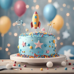 Rocket-themed kids birthday cake with stars and colorful sprinkles against a playful balloon background
