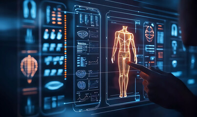 Futuristic AI powered healthcare system displaying real time patient data medical analytics and treatment recommendations on a sleek digital interface 