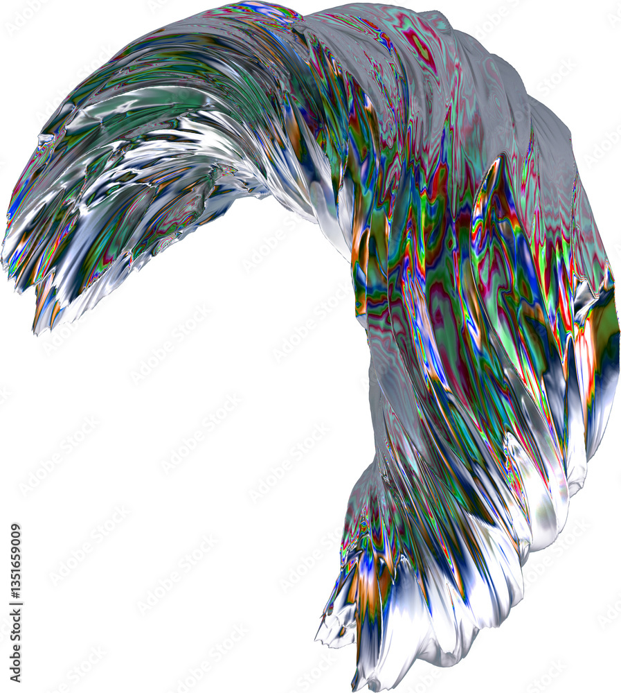 Poster dynamic flowing abstract form featuring reflective iridescent liquid texture blending rainbow hues s