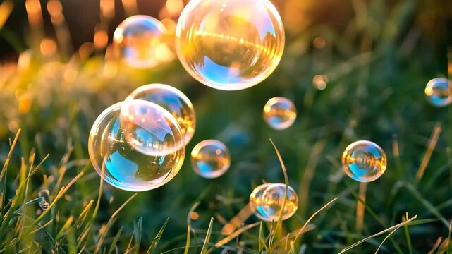 Colorful bubbles floating above green grass at sunset creating a whimsical outdoor atmosphere